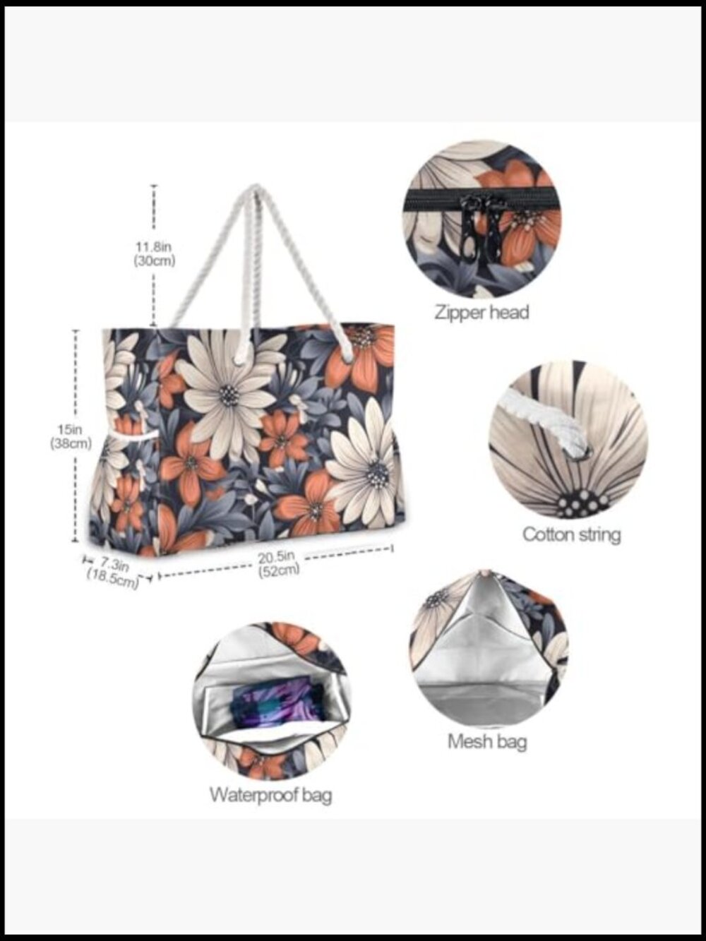 Large Canvas Beach Tote Bag Water Resistant Shoulder Bag for Gym Travel Daily - Picture 5 of 6
